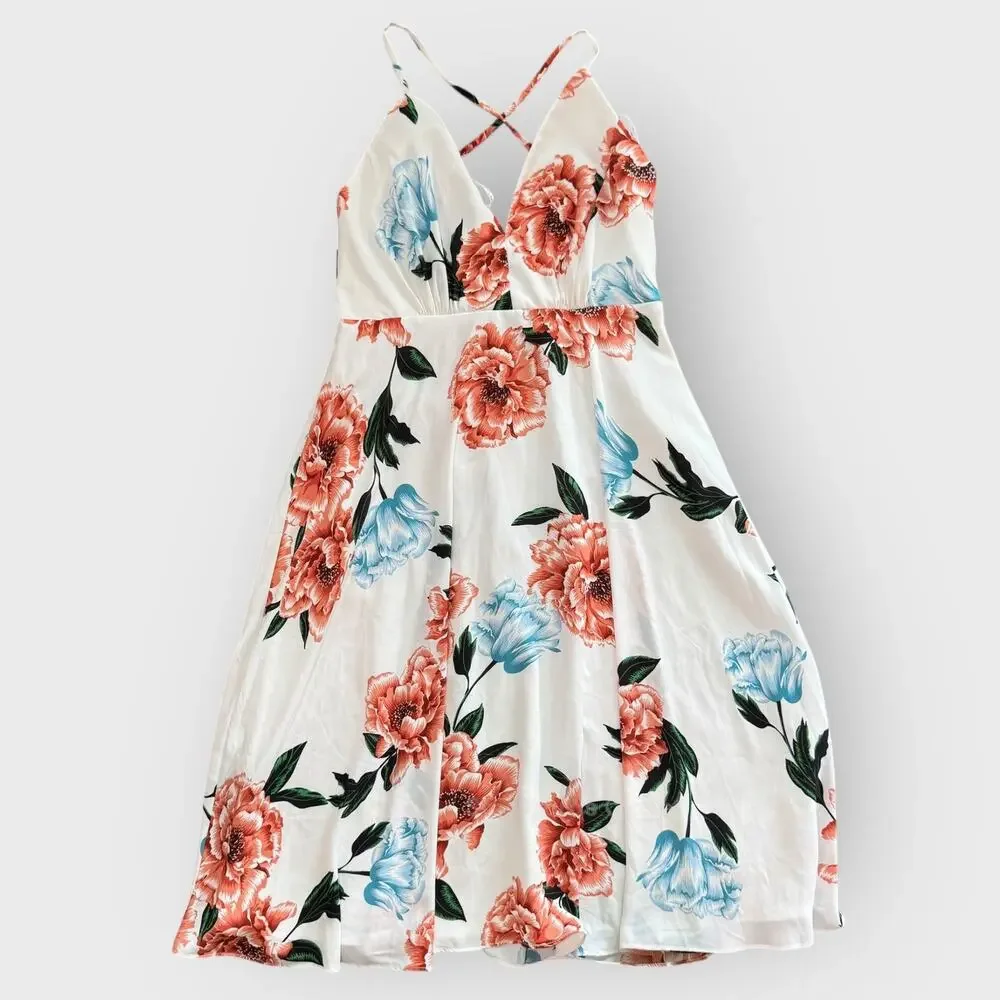 Lulus Floral Midi Dress Medium White Plunge Neck Crisscross Back Romantic Summer